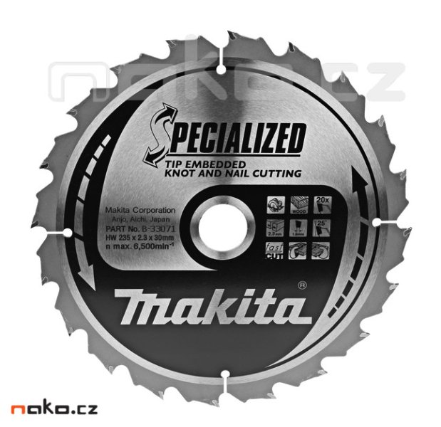 MAKITA B-33071 pilový kotouč 235x30mm HM 20z SPECIALIZED na dřevo se zapuš. zuby